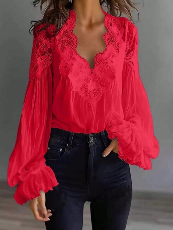 MODA ME COUTURE Tops - Red Casual Women's Lace Trim V-Neck Blouse